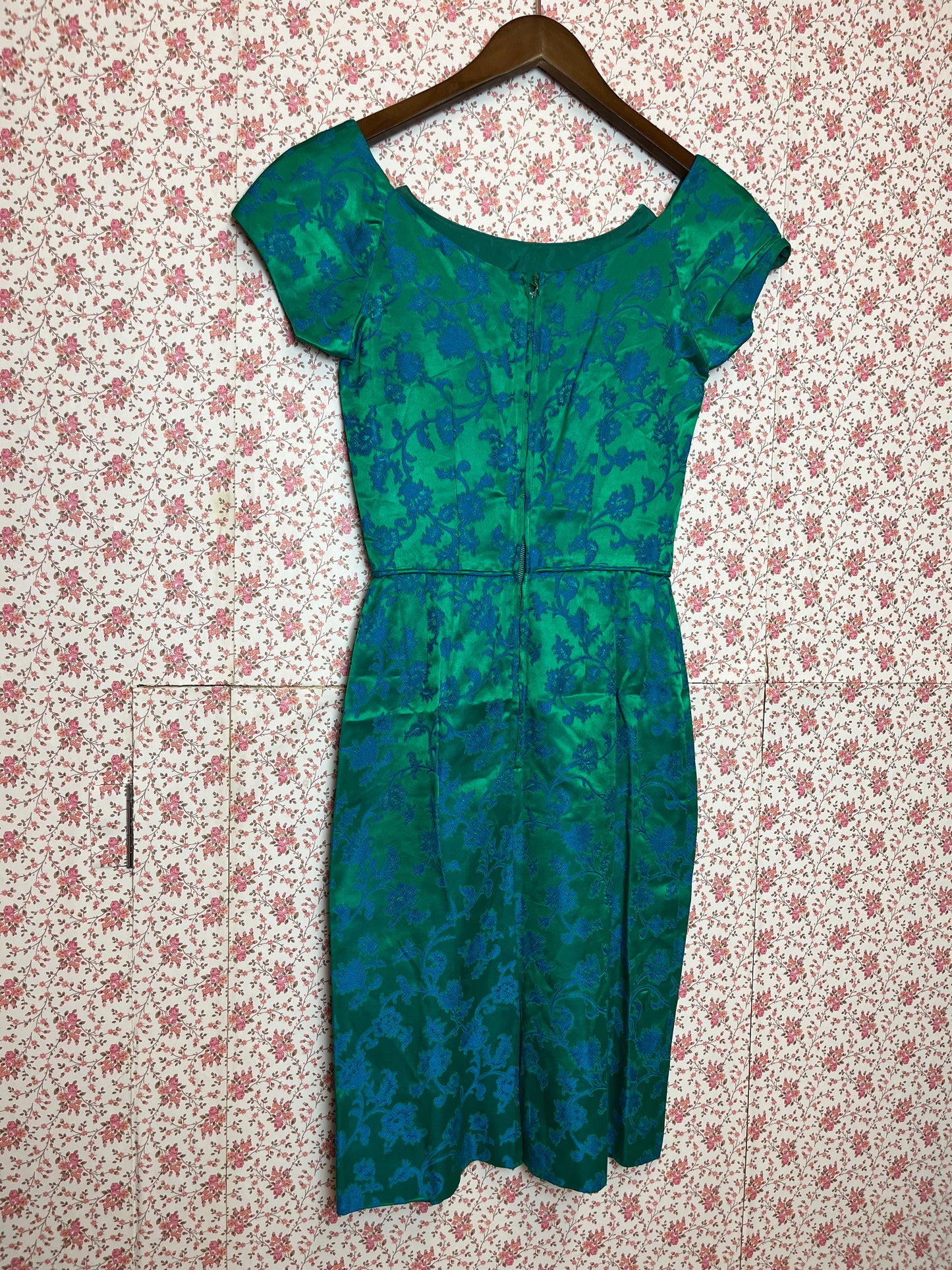 Vintage 1950s Hand Made Floral Brocade Blue & Green Bardot Mini Dress