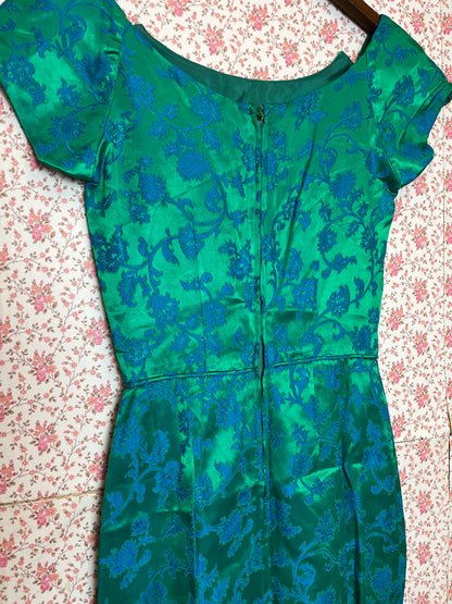 Vintage 1950s Hand Made Floral Brocade Blue & Green Bardot Mini Dress