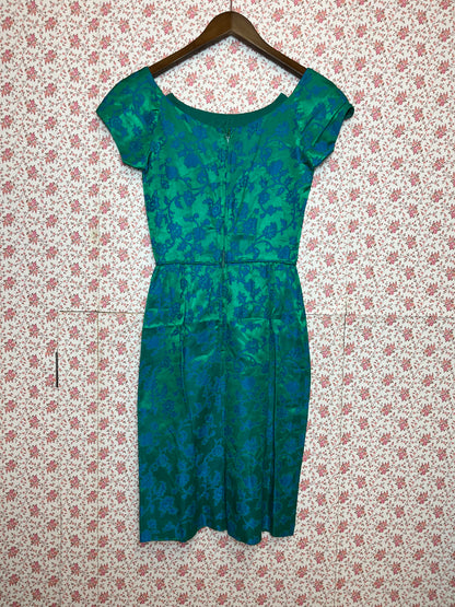 Vintage 1950s Hand Made Floral Brocade Blue & Green Bardot Mini Dress