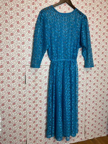 Vintage 1960s Full Blue Lace Batwing Over Dress