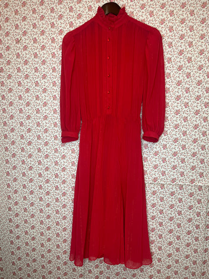 Vintage 1980s High Neck Pintuck Shirt Dress Semi Sheer Red