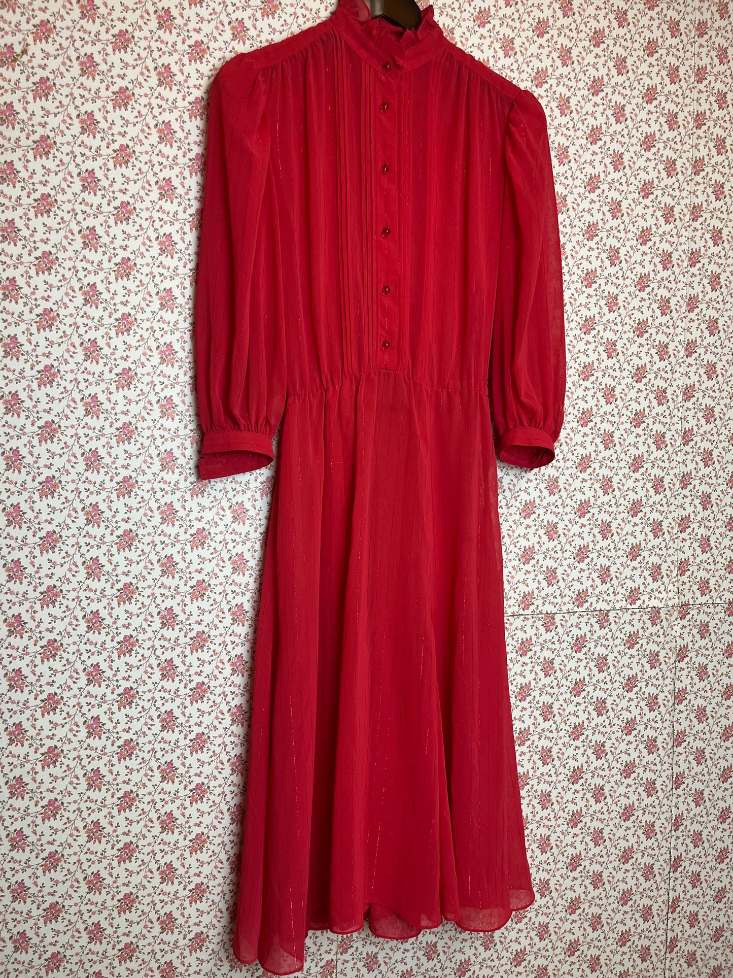 Vintage 1980s High Neck Pintuck Shirt Dress Semi Sheer Red