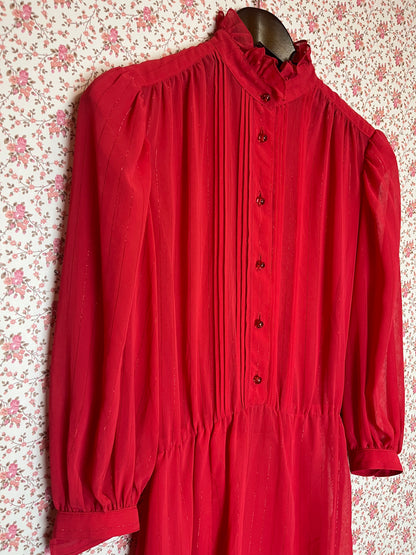 Vintage 1980s High Neck Pintuck Shirt Dress Semi Sheer Red