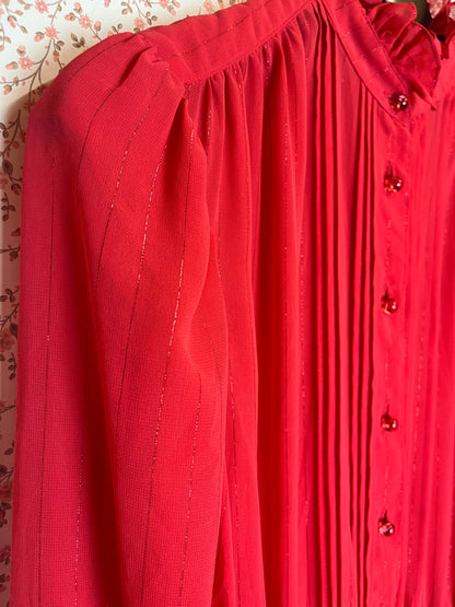 Vintage 1980s High Neck Pintuck Shirt Dress Semi Sheer Red