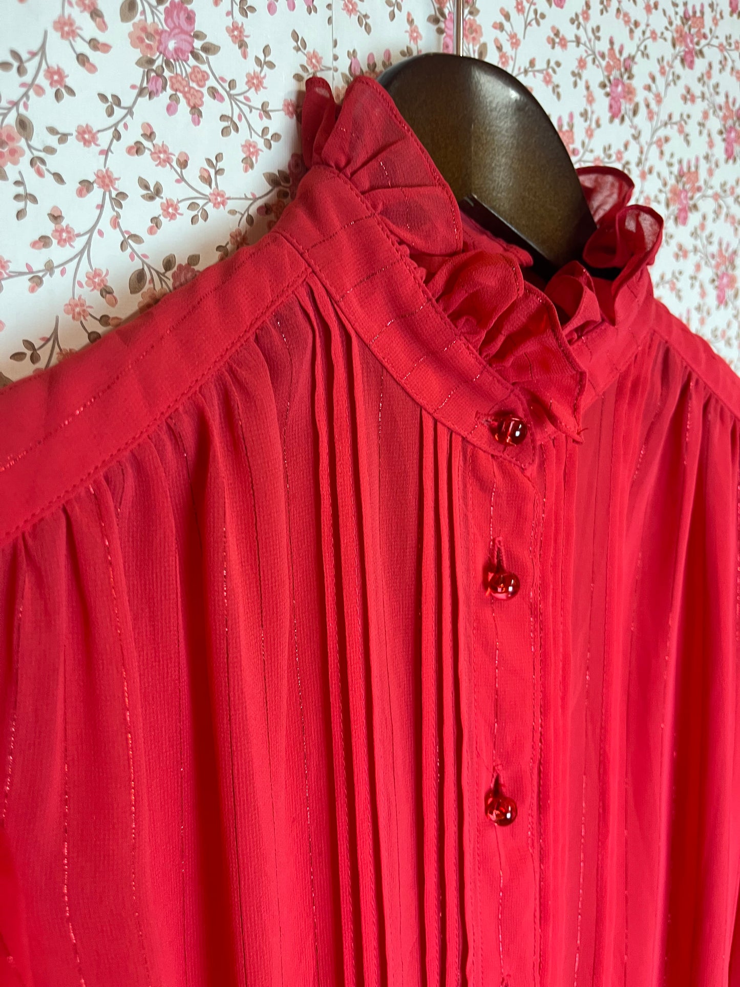 Vintage 1980s High Neck Pintuck Shirt Dress Semi Sheer Red