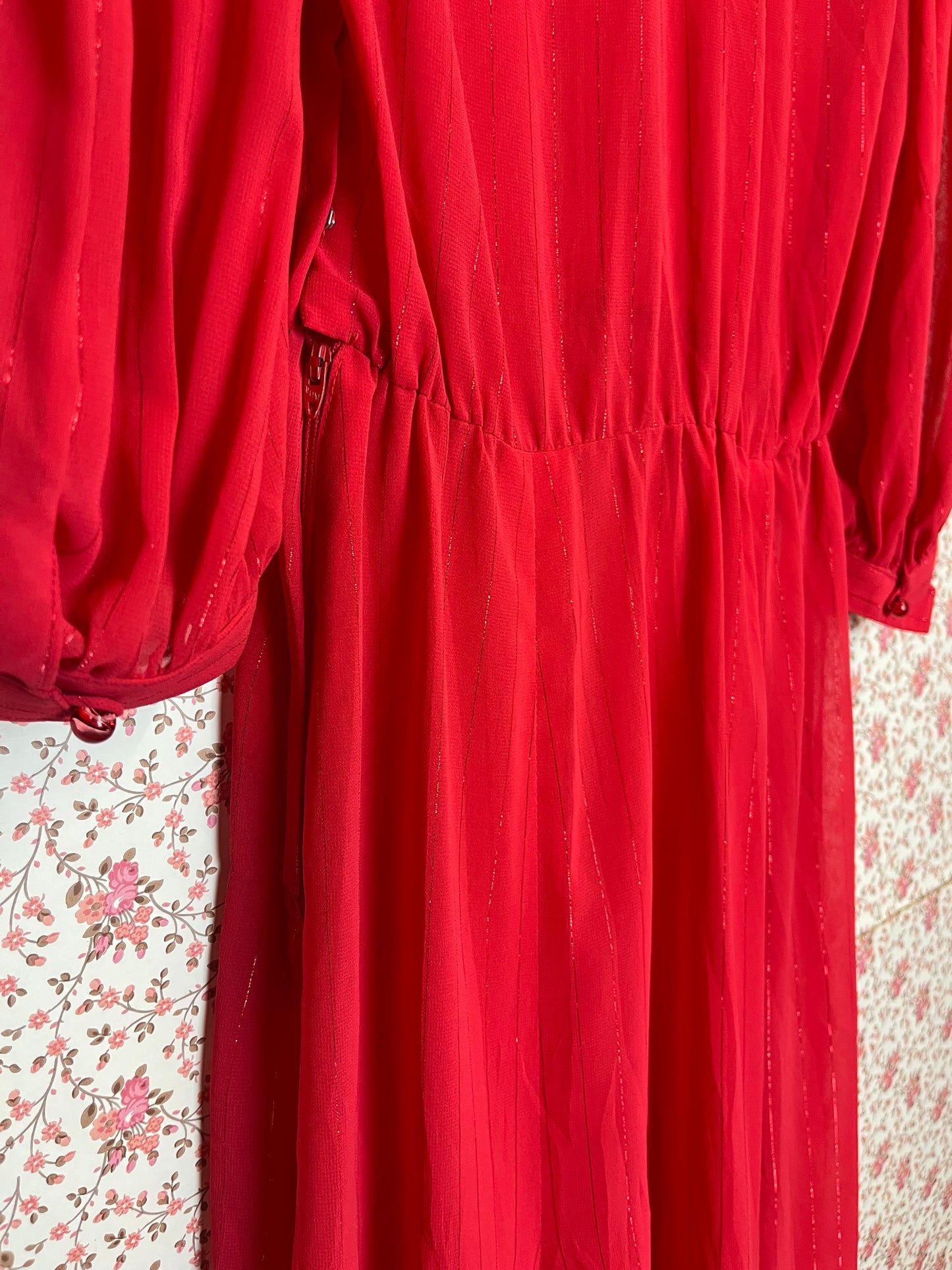 Vintage 1980s High Neck Pintuck Shirt Dress Semi Sheer Red