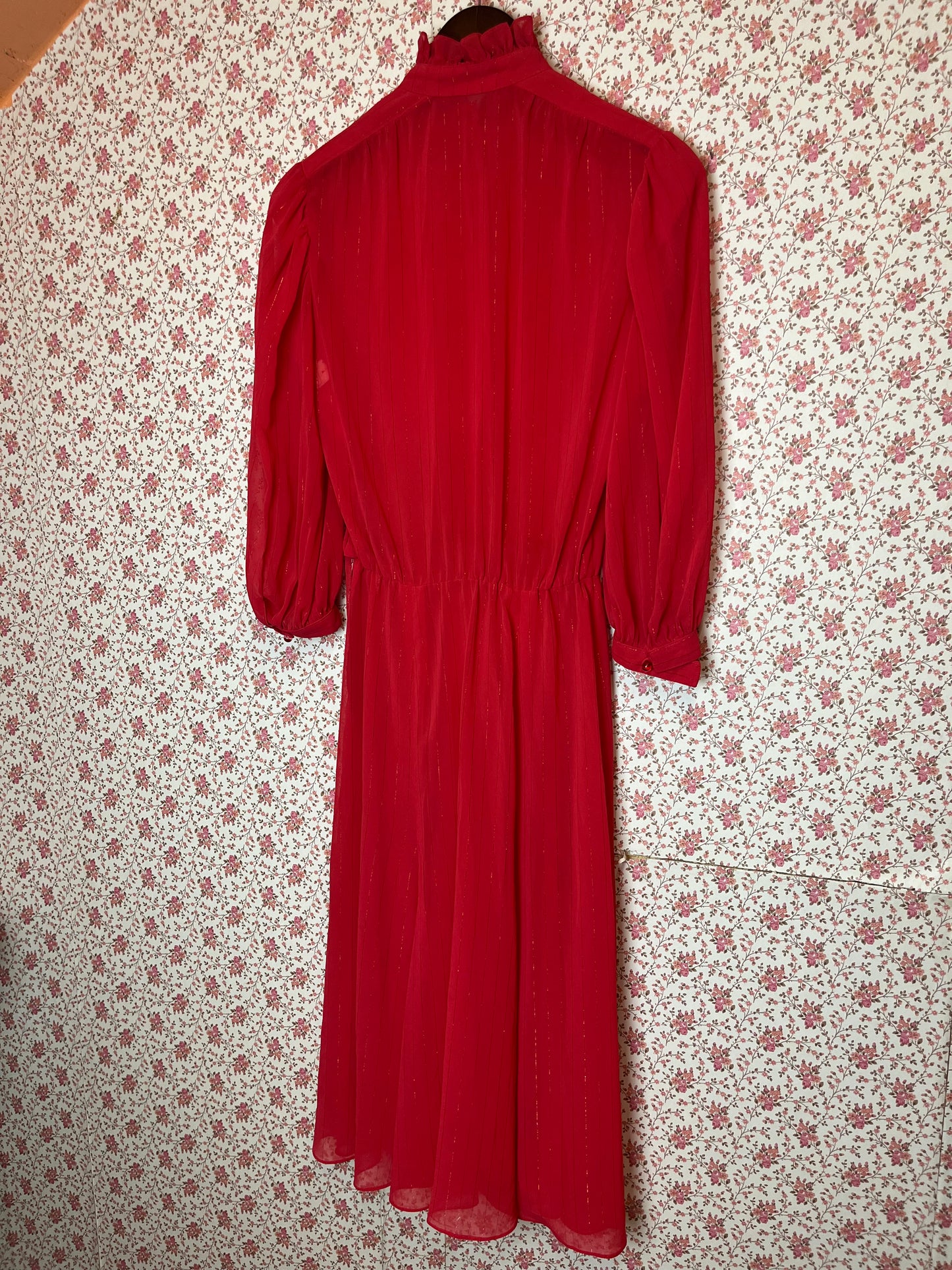 Vintage 1980s High Neck Pintuck Shirt Dress Semi Sheer Red