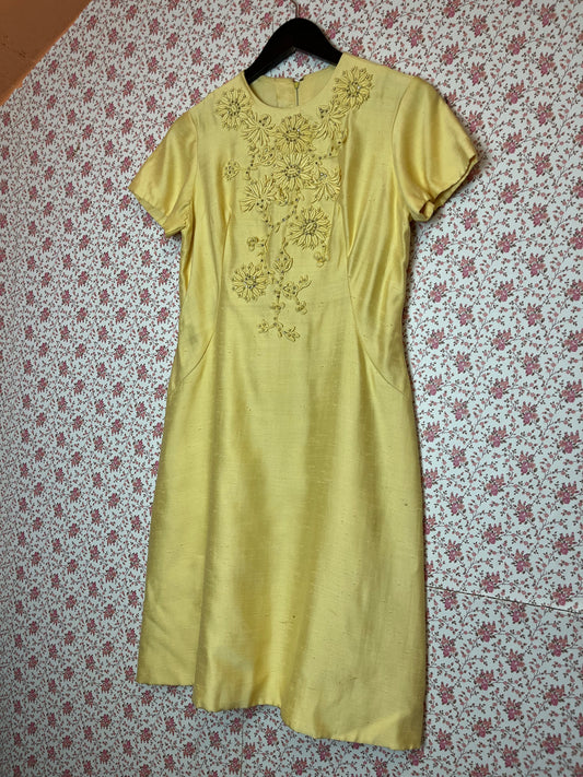 Vintage 1960s Yellow Embellished Embroidered Shift Dress