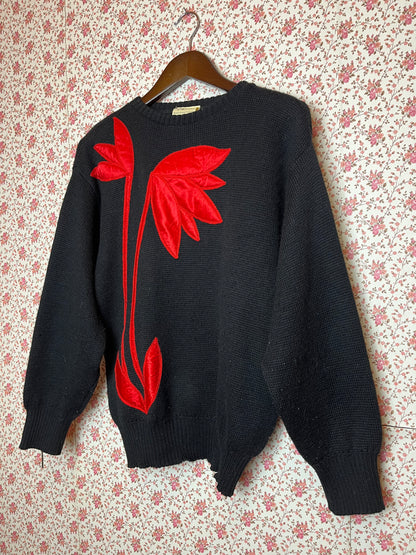 Vintage 1980s Black & Red Flower Quilted Knitted Jumper