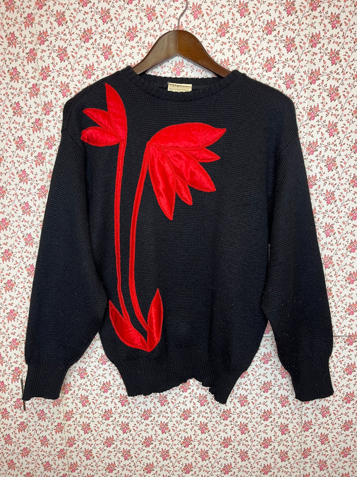 Vintage 1980s Black & Red Flower Quilted Knitted Jumper