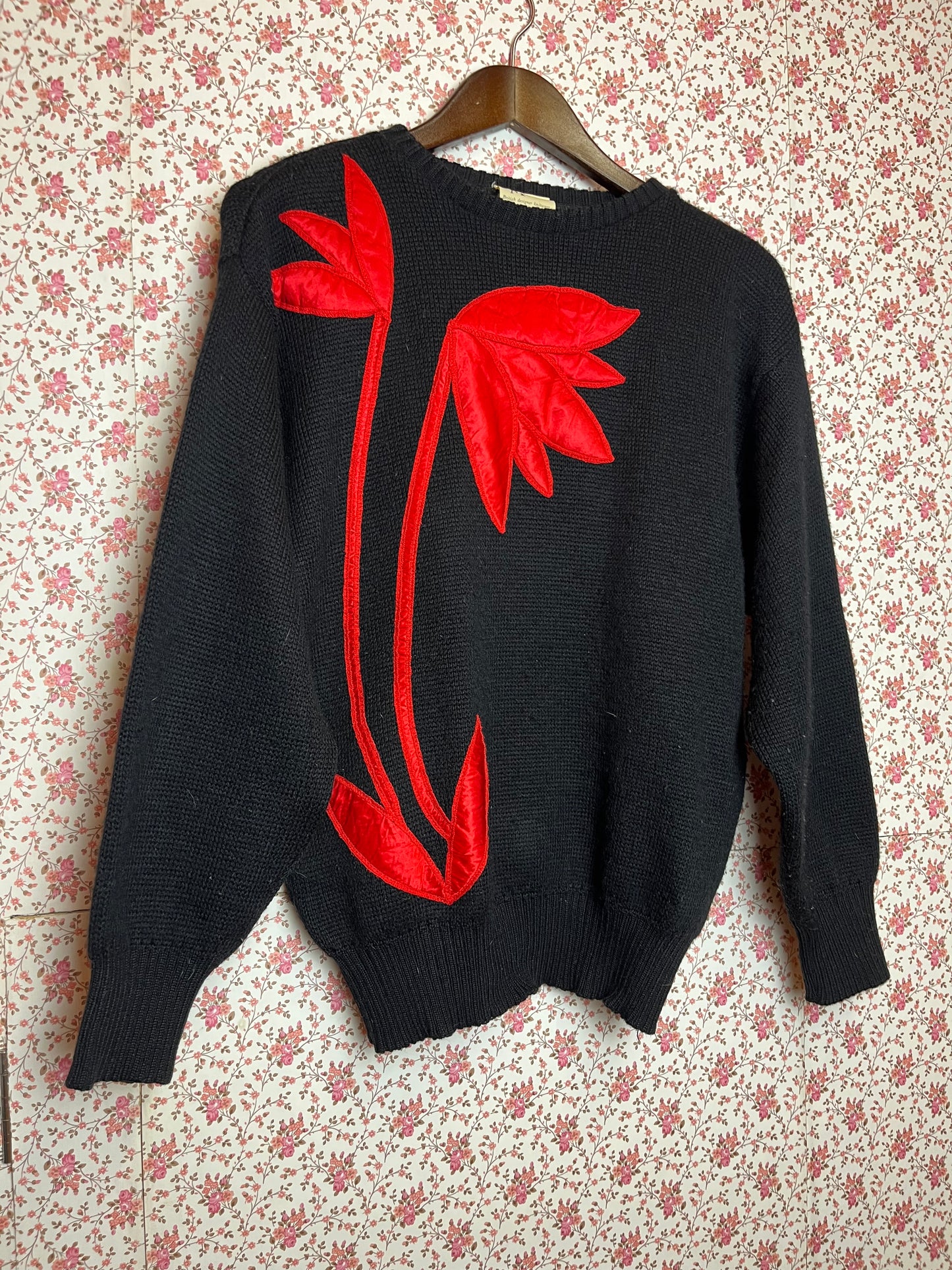 Vintage 1980s Black & Red Flower Quilted Knitted Jumper