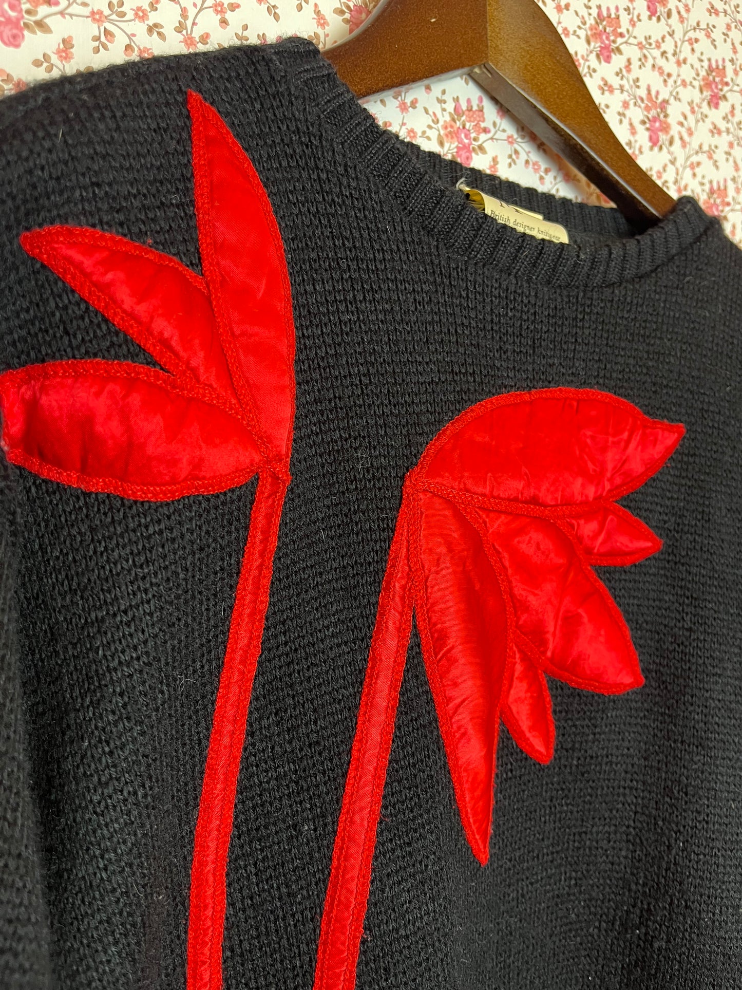 Vintage 1980s Black & Red Flower Quilted Knitted Jumper