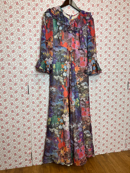 Vintage 1970s Hand Made Photographic Floral Print Frilled Maxi Dress