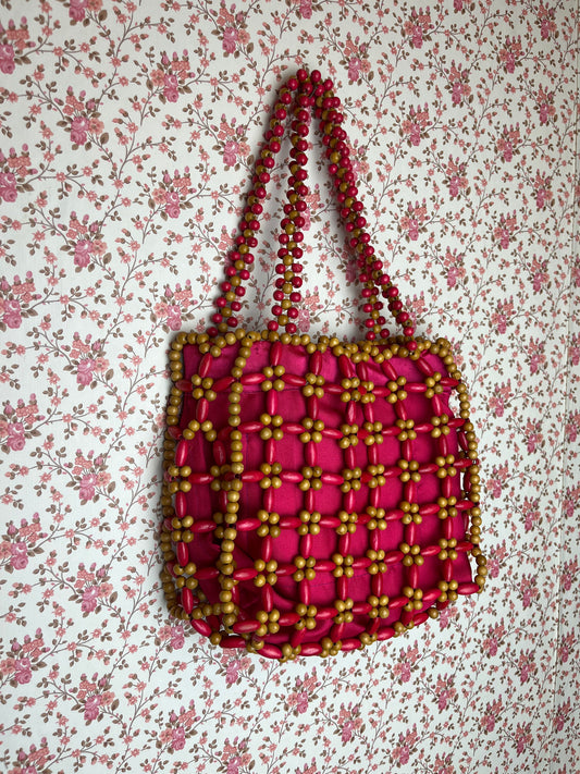 Vintage Wooden Beaded Hot Pink Hand Bag