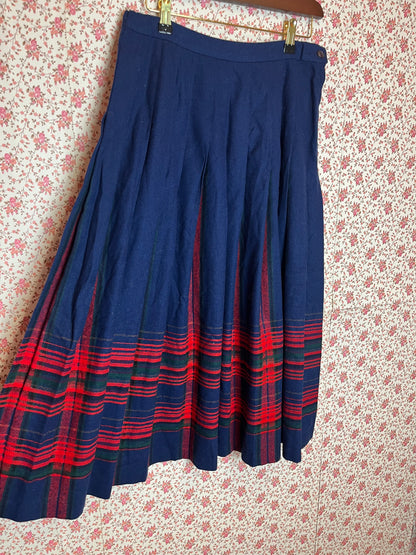 Vintage 1970s Pendleton Wool Blue Pleated Midi Skirt with Red & Green Check