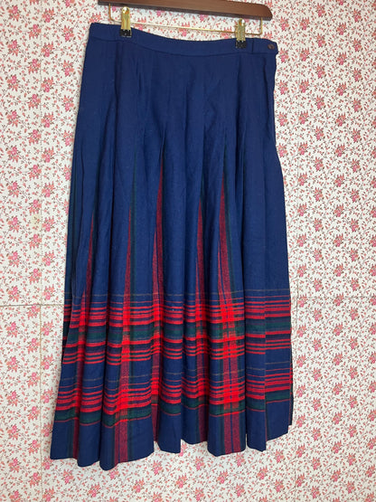 Vintage 1970s Pendleton Wool Blue Pleated Midi Skirt with Red & Green Check