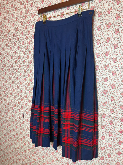 Vintage 1970s Pendleton Wool Blue Pleated Midi Skirt with Red & Green Check