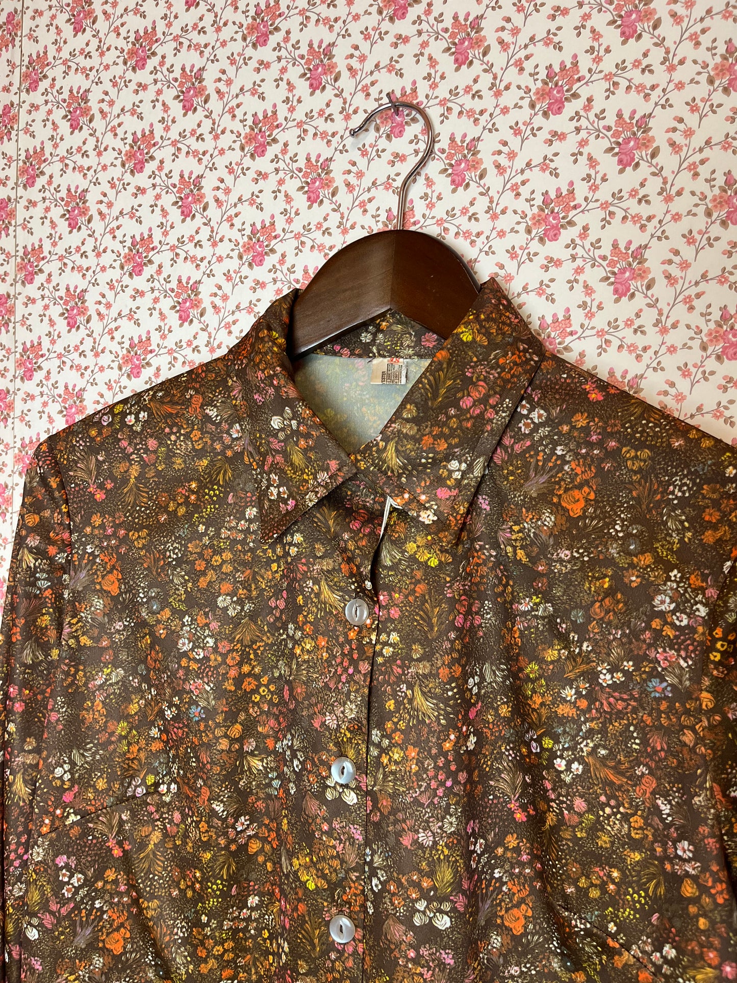 Vintage 1970s Brown Floral Multi Colour Long Sleeve Shirt