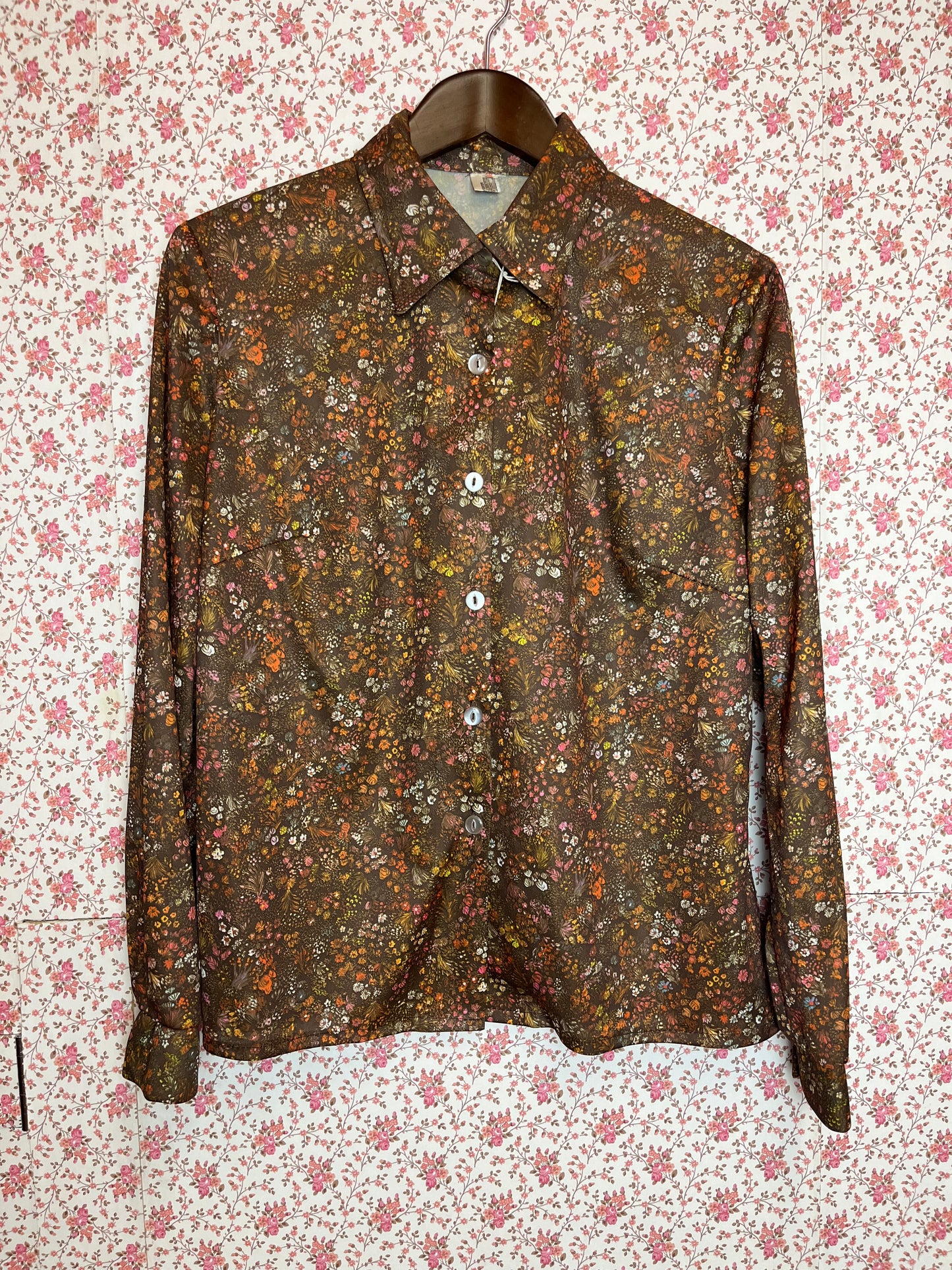 Vintage 1970s Brown Floral Multi Colour Long Sleeve Shirt