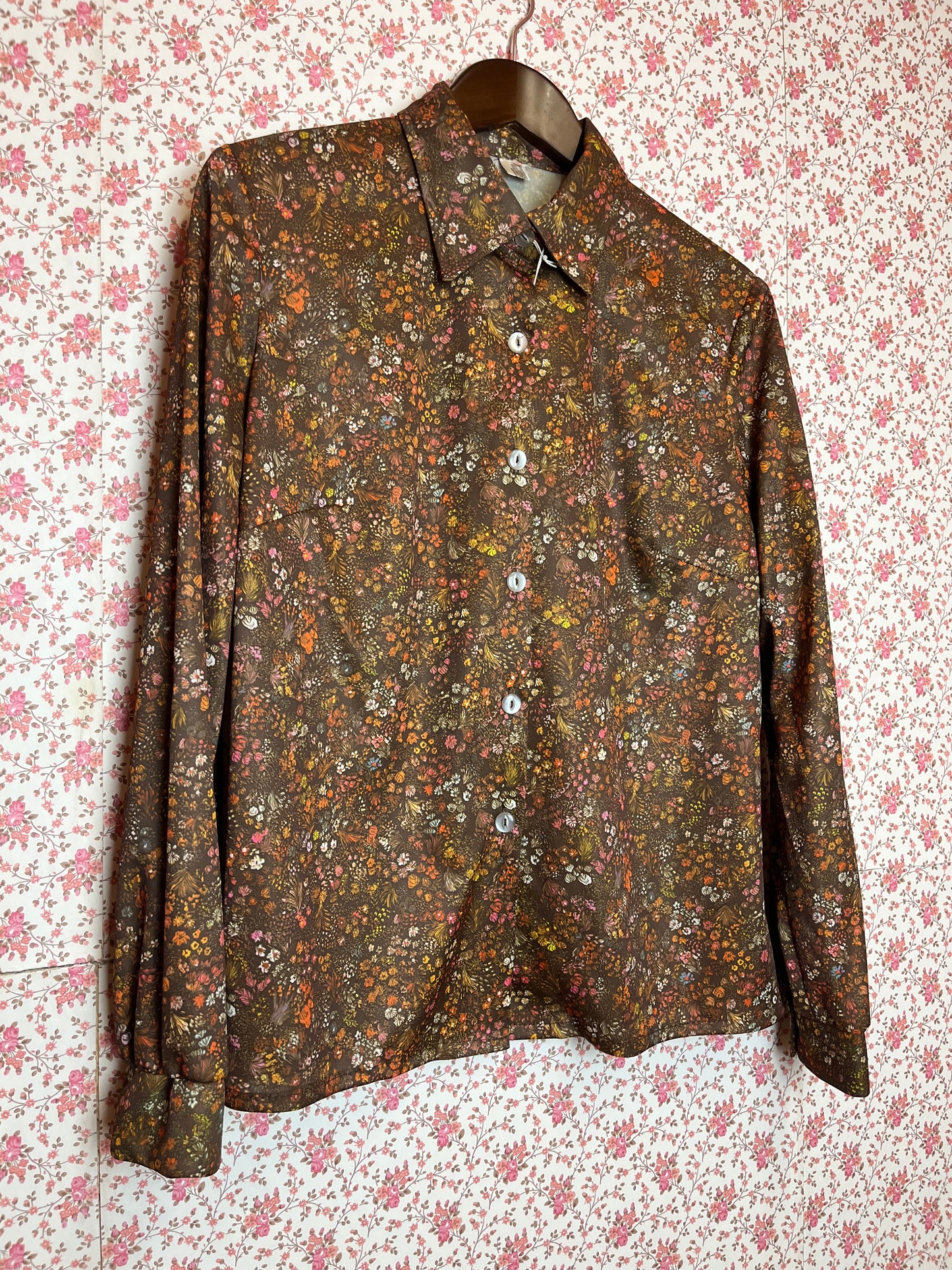 Vintage 1970s Brown Floral Multi Colour Long Sleeve Shirt