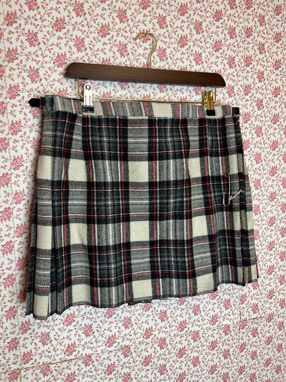 Vintage 1980s Checked Red White & Black Wool Wrap Mini Skirt