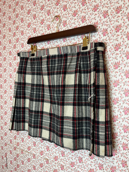 Vintage 1980s Checked Red White & Black Wool Wrap Mini Skirt