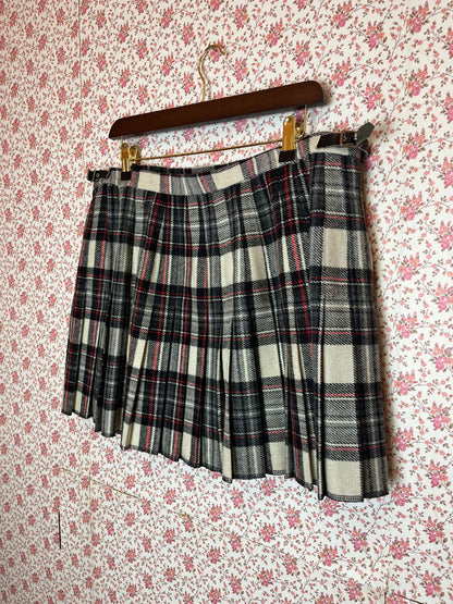 Vintage 1980s Checked Red White & Black Wool Wrap Mini Skirt