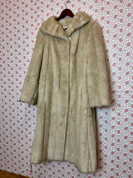 Vintage 1970s Faux Fur Champagne Long Coat