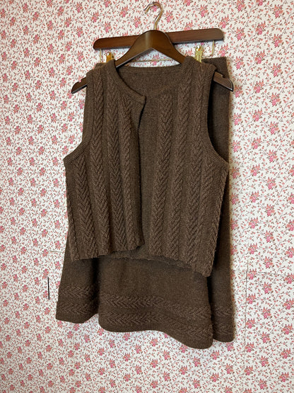 Vintage 1970s Hand Knitted Brown Wool Waistcoat and Skirt Set