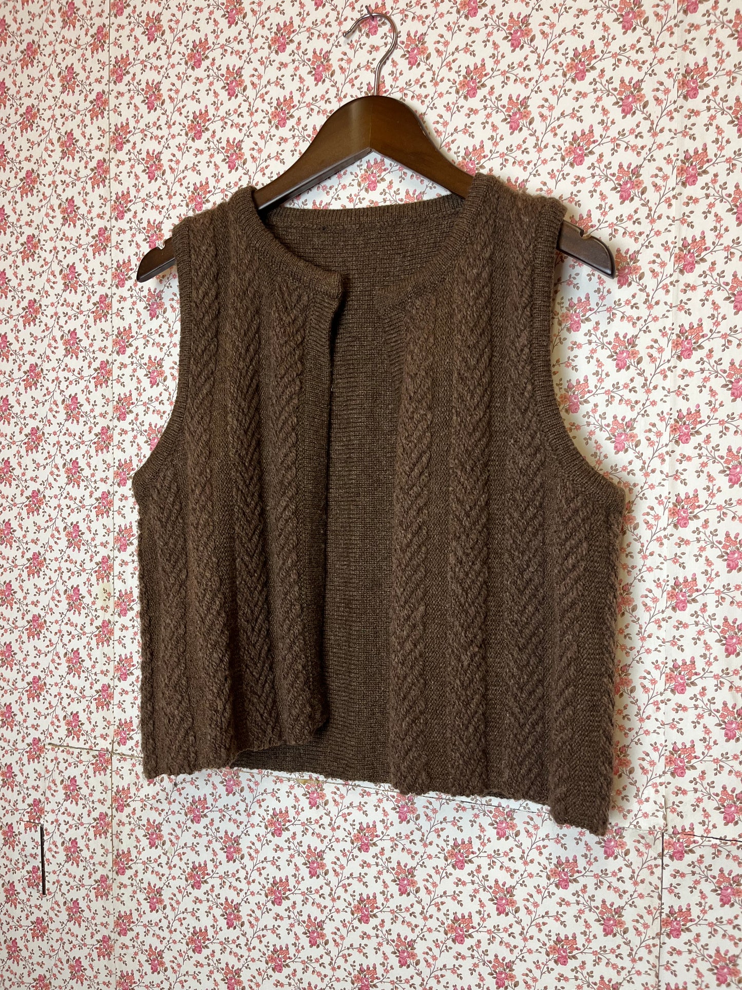 Vintage 1970s Hand Knitted Brown Wool Waistcoat and Skirt Set