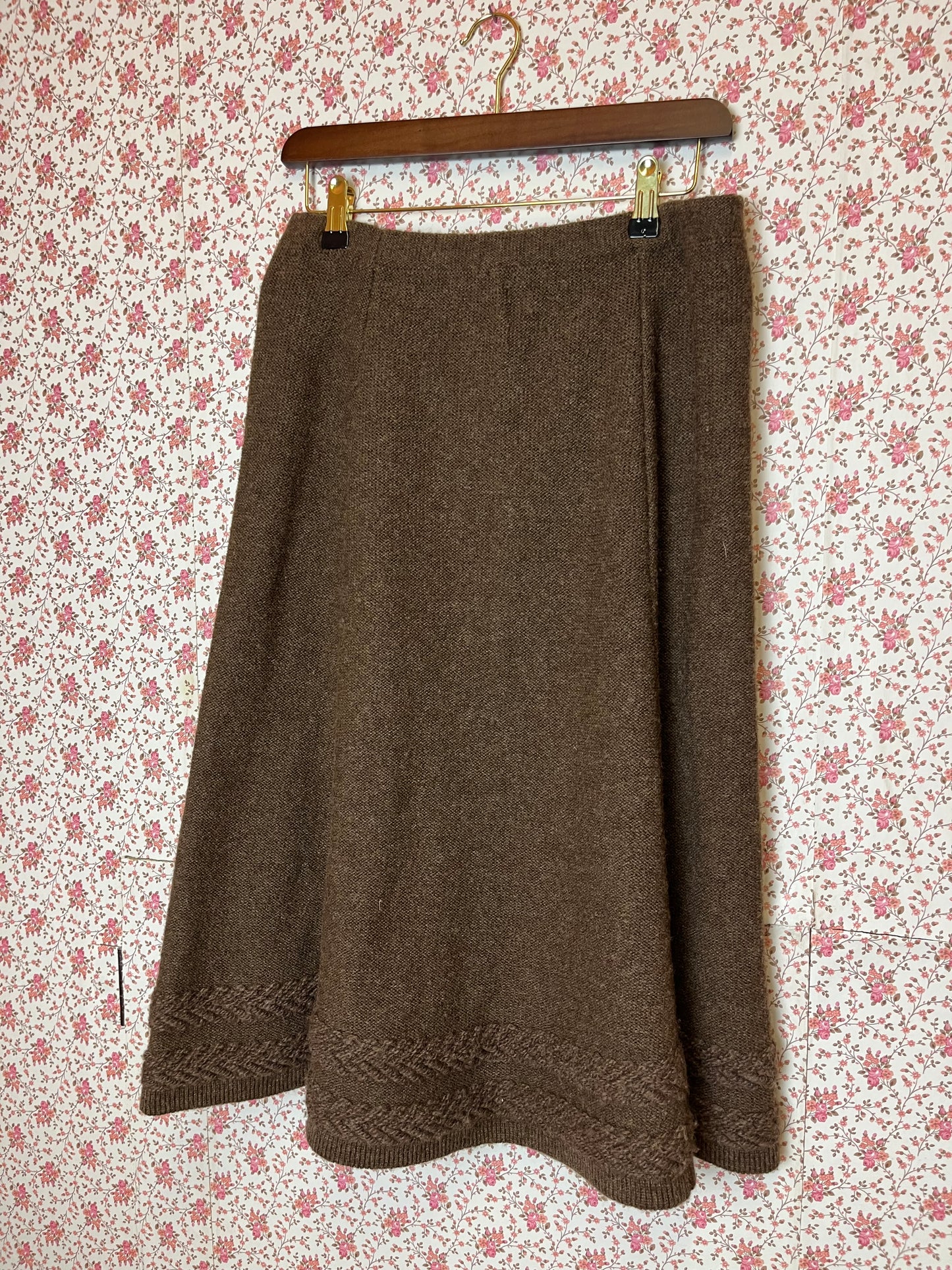 Vintage 1970s Hand Knitted Brown Wool Waistcoat and Skirt Set