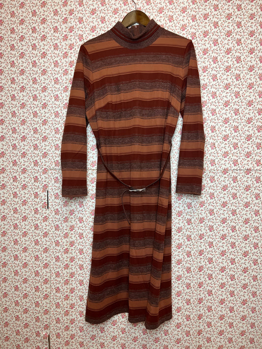 Vintage 1970s Brown Mahogany Striped Turtleneck Midi Dress