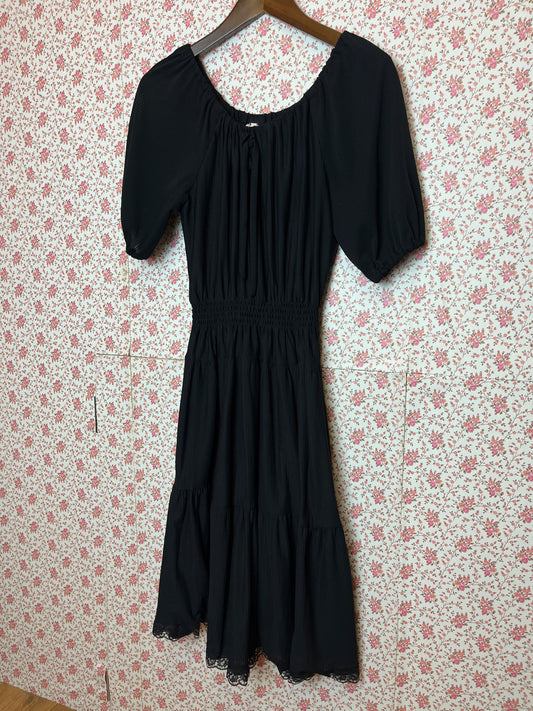 Vintage 1970s Black Tiered Bardot Midi Dress