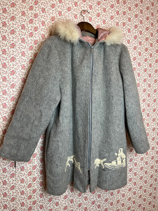 Vintage 1980s Grey Marl Wool & Fox Fur Northern Parka