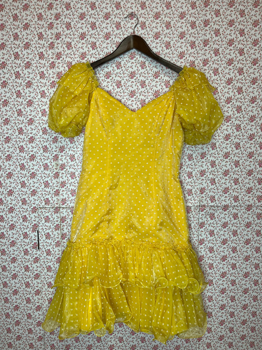 Vintage 1980s John Charles Yellow Polka Dot Ra Ra Dress