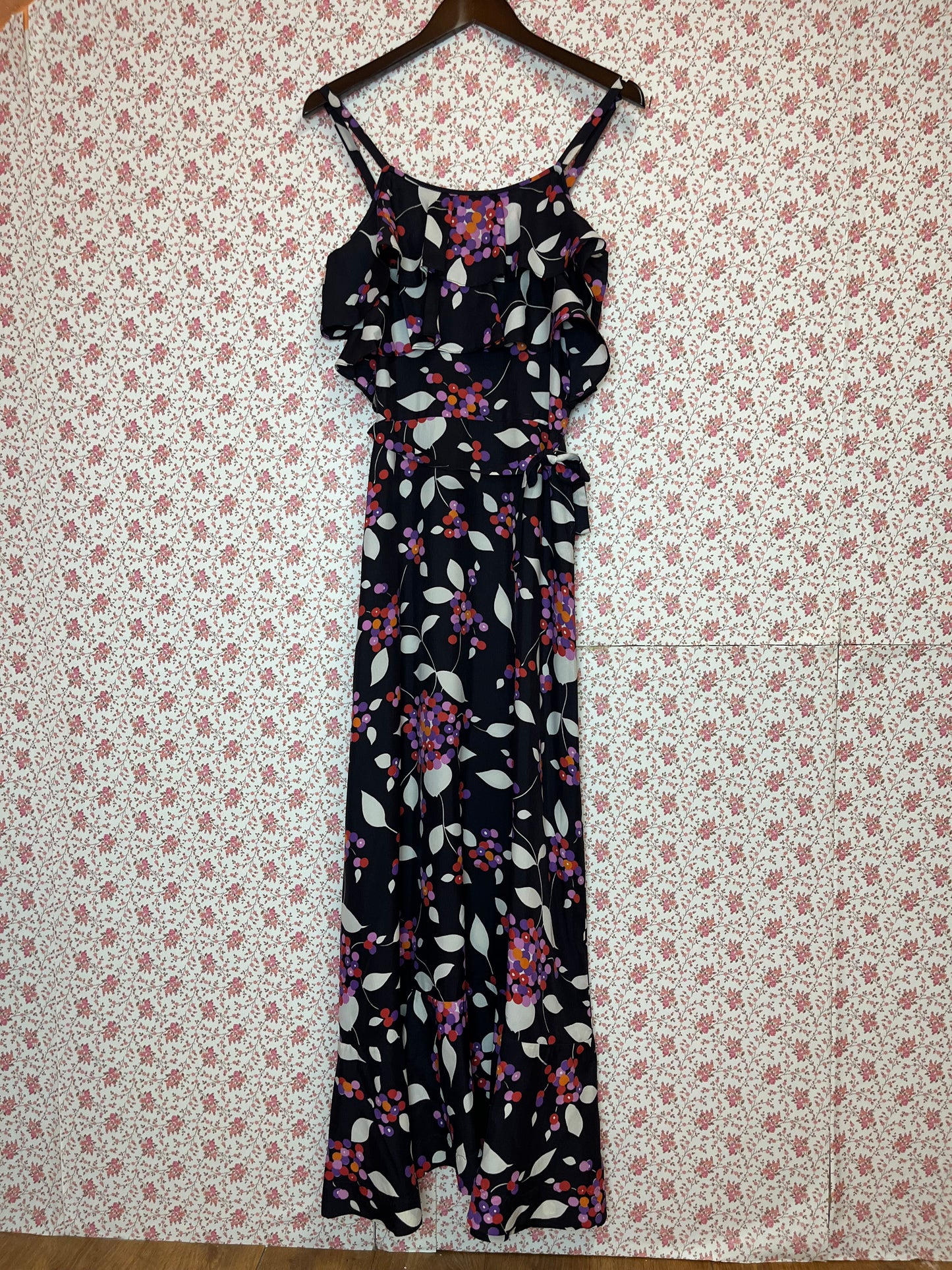 Vintage 1960s Leaf Print Tiered Maxi Dress