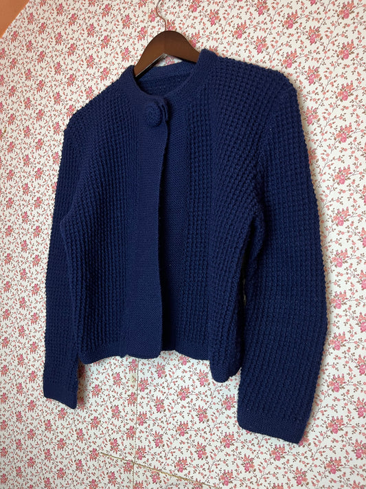 Vintage Hand Knit Single Button Waffle Cardigan in Blue