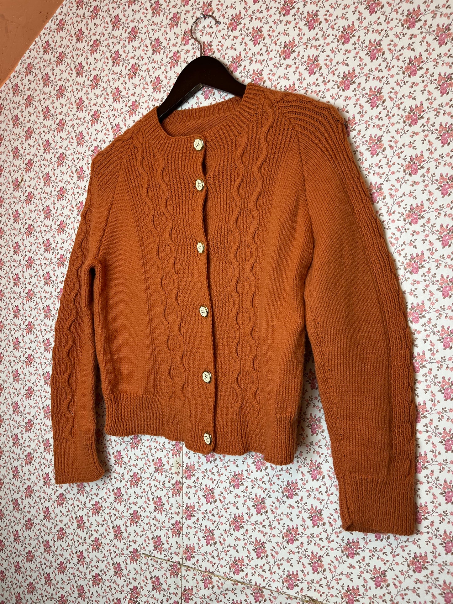 Vintage Hand Knitted Ceramic Orange Cable Knit Cardigan