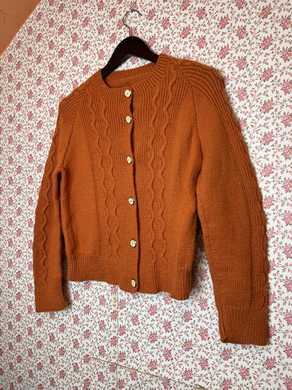 Vintage Hand Knitted Ceramic Orange Cable Knit Cardigan