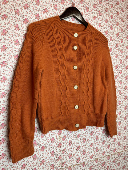 Vintage Hand Knitted Ceramic Orange Cable Knit Cardigan