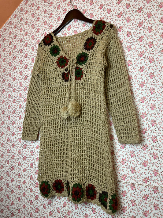 Vintage 1970s Hand Made Crochet Mini Dress