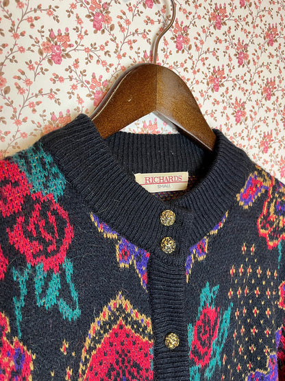 Vintage 1980s Floral & Paisley Knitted Cardigan