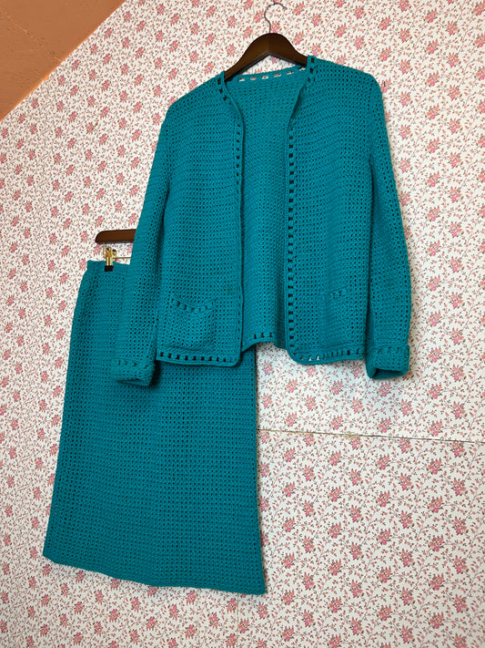 Vintage 1970s Hand Crochet Jacket and Skirt Suit Set