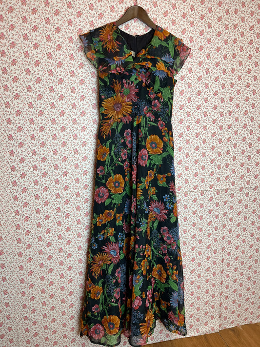 Vintage 1970s Floral Printed Ruffled Collar Sleeveless Prairie Dress
