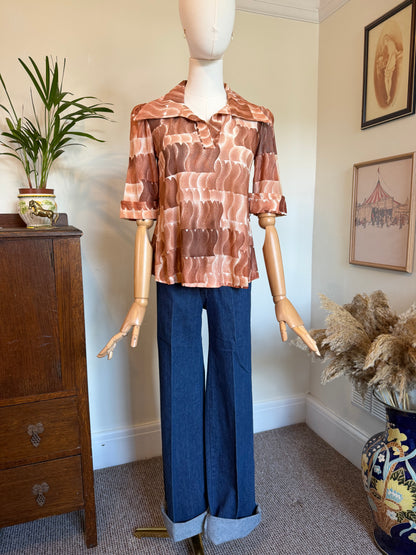 Vintage 1970s Brown Abstract Print Wide Collar Blouse - Size Small