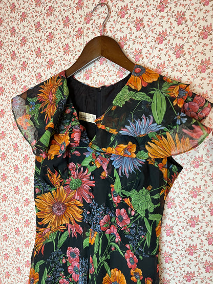 Vintage 1970s Floral Printed Ruffled Collar Sleeveless Prairie Dress