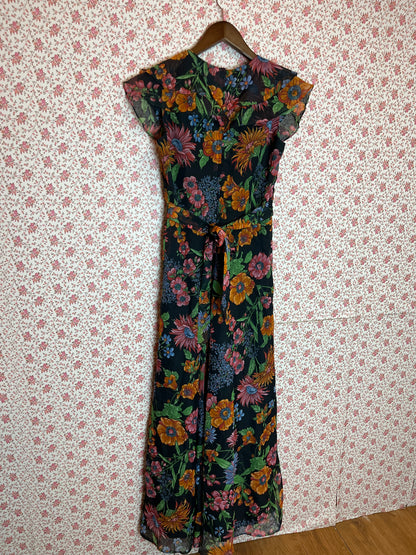 Vintage 1970s Floral Printed Ruffled Collar Sleeveless Prairie Dress