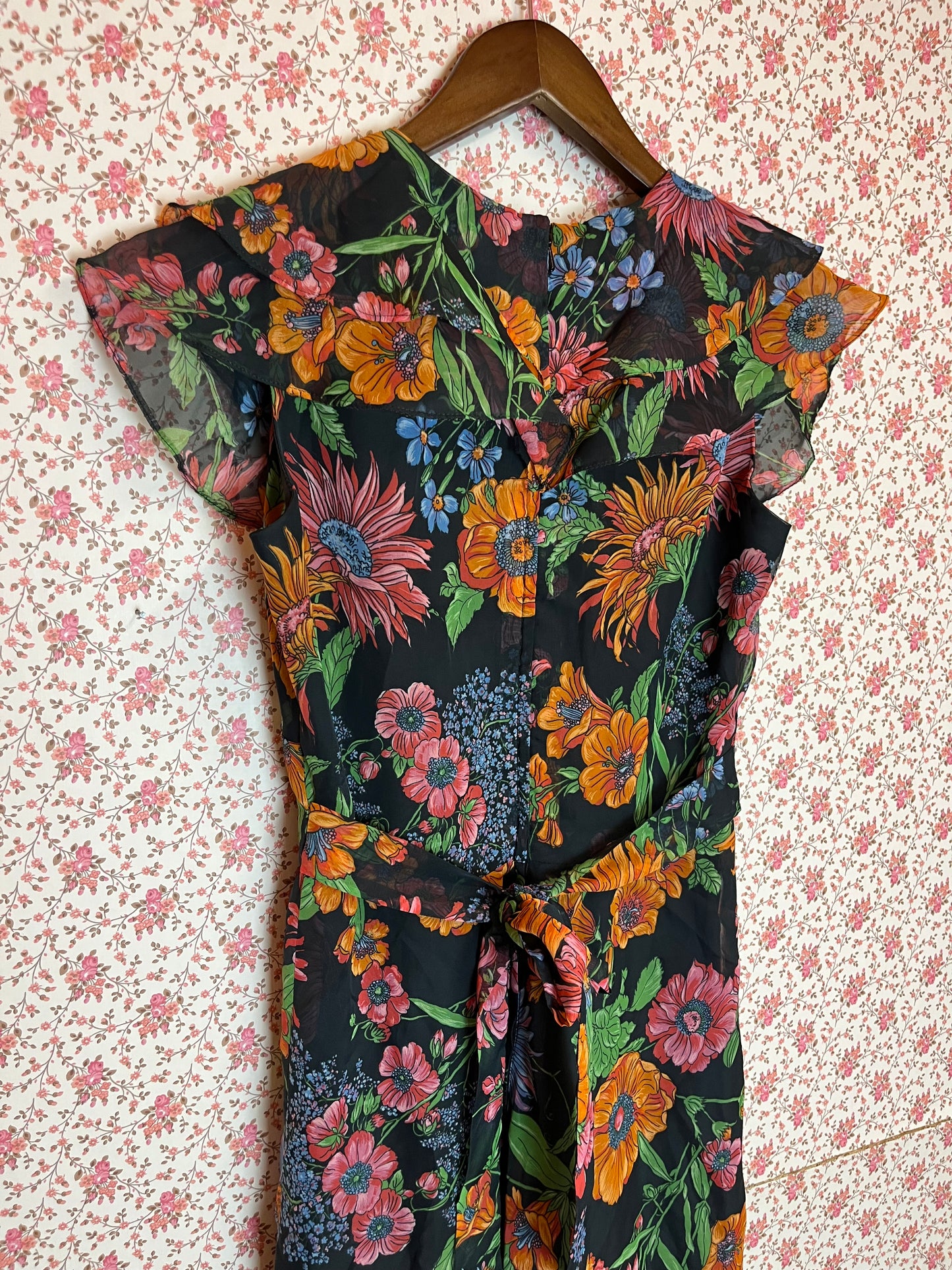 Vintage 1970s Floral Printed Ruffled Collar Sleeveless Prairie Dress