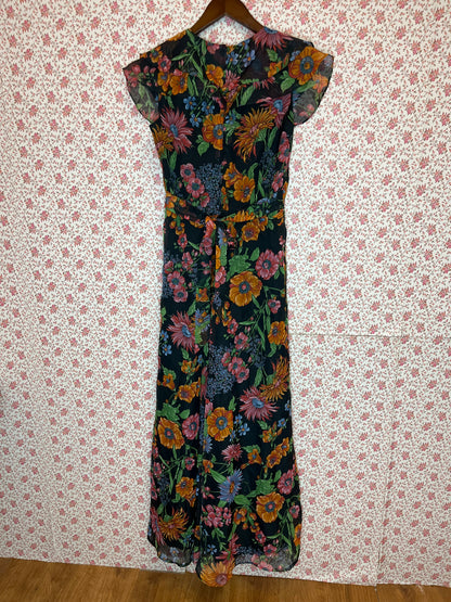 Vintage 1970s Floral Printed Ruffled Collar Sleeveless Prairie Dress