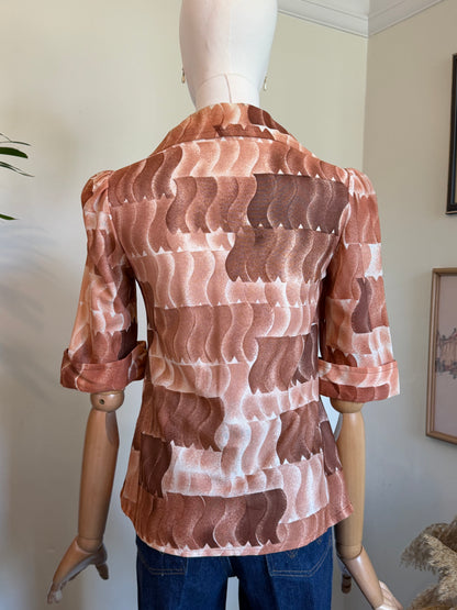 Vintage 1970s Brown Abstract Print Wide Collar Blouse - Size Small